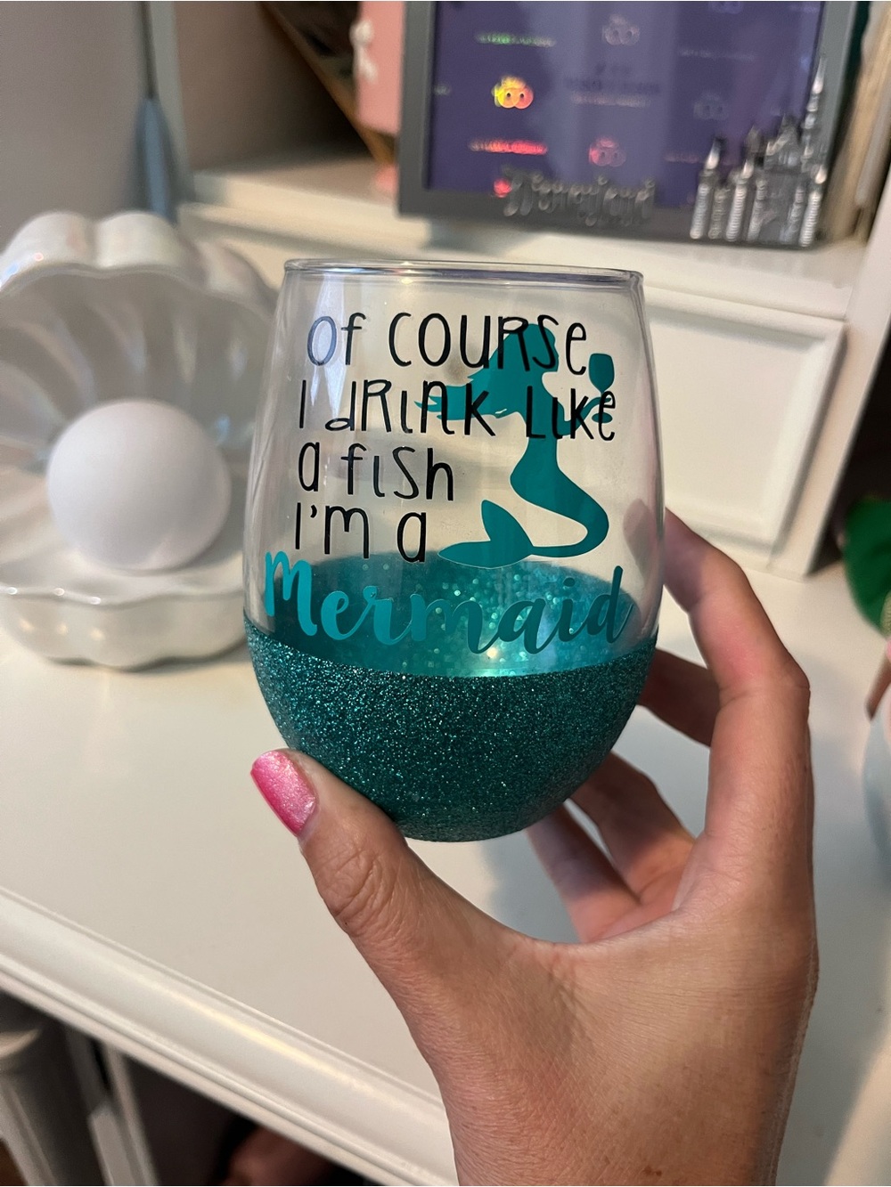 Teal Glitter Mermaid Stemless Wine Glass